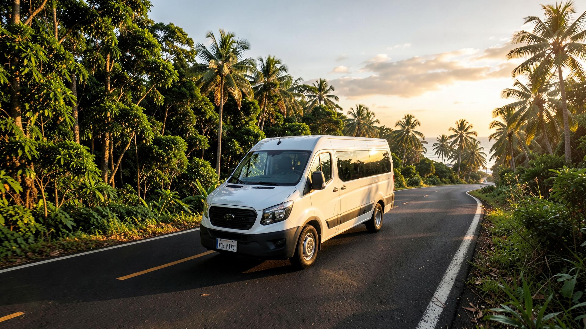 Shuttle van driving on a coastal road in Costa Rica